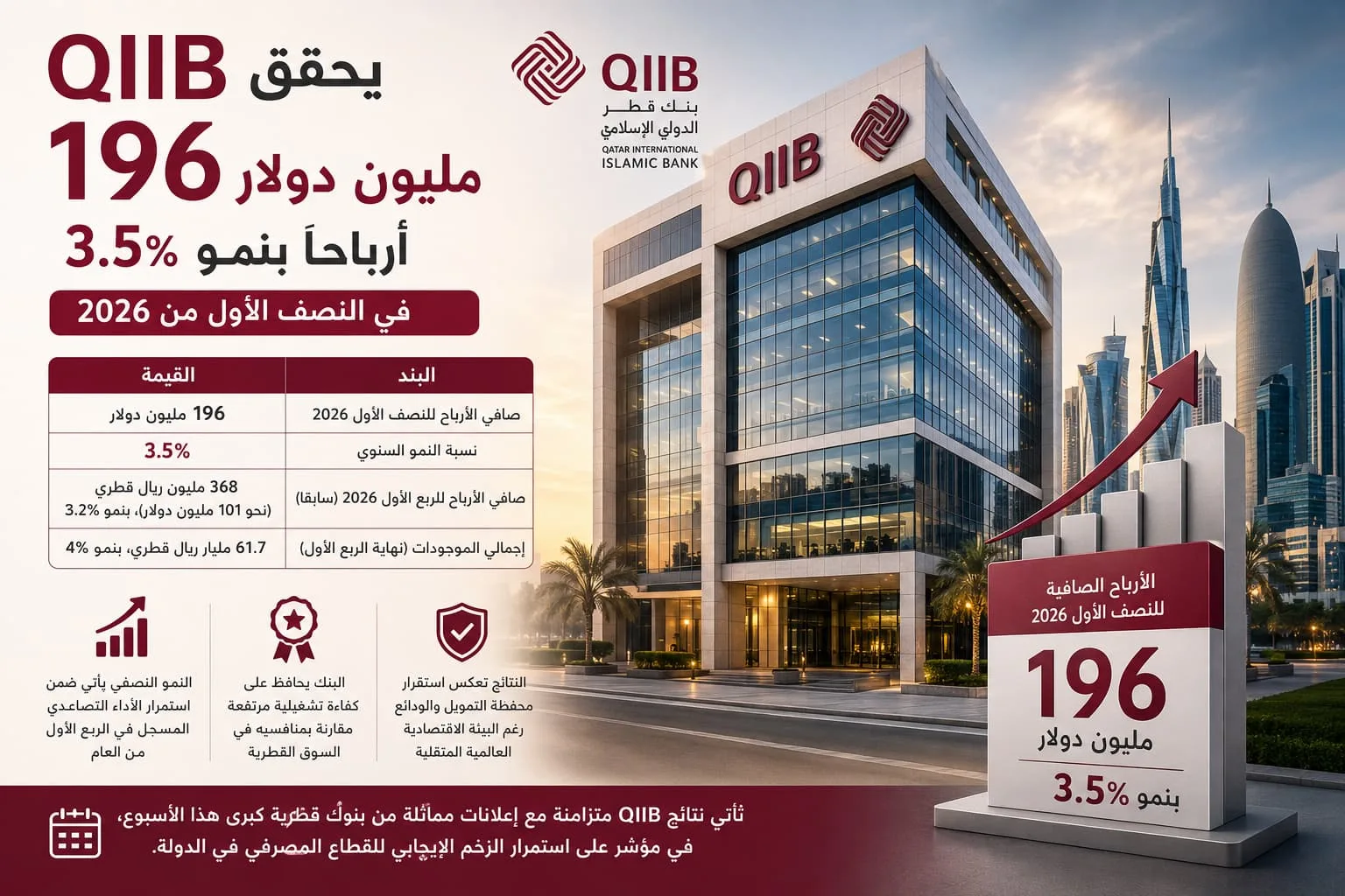 QIIB يحقق 196 مليون دولار أرباحا بنمو 3.5% في النصف الأول