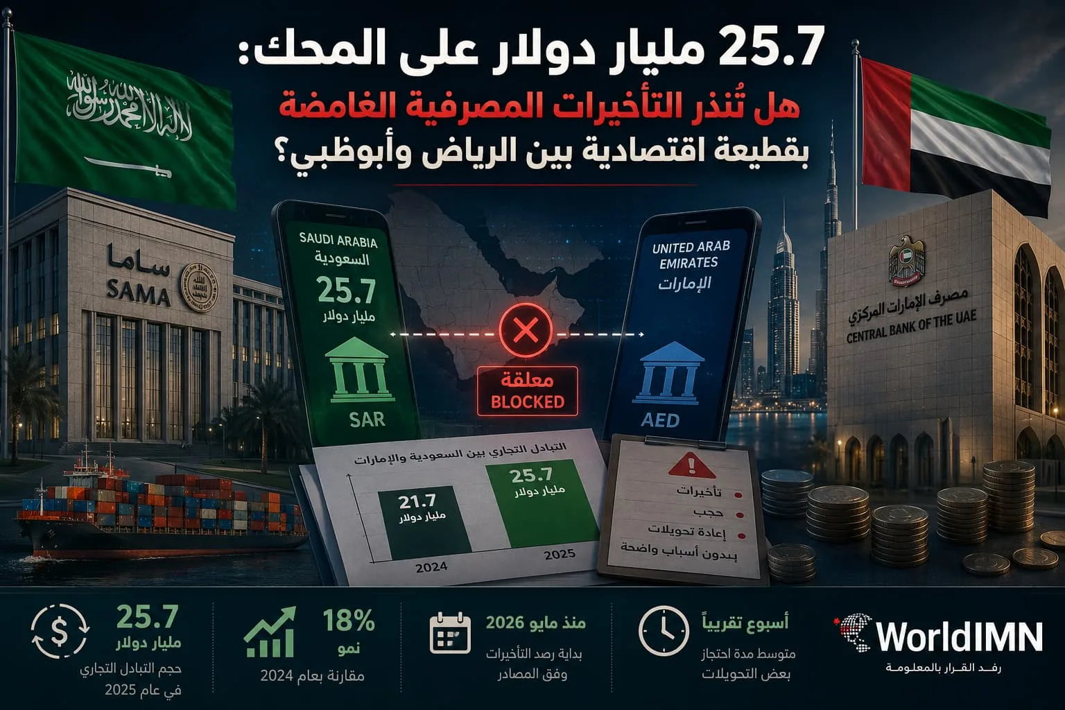 25.7 مليار دولار على المحك: هل تُنذر التأخيرات المصرفية الغامضة بقطيعة اقتصادية بين الرياض وأبوظبي؟