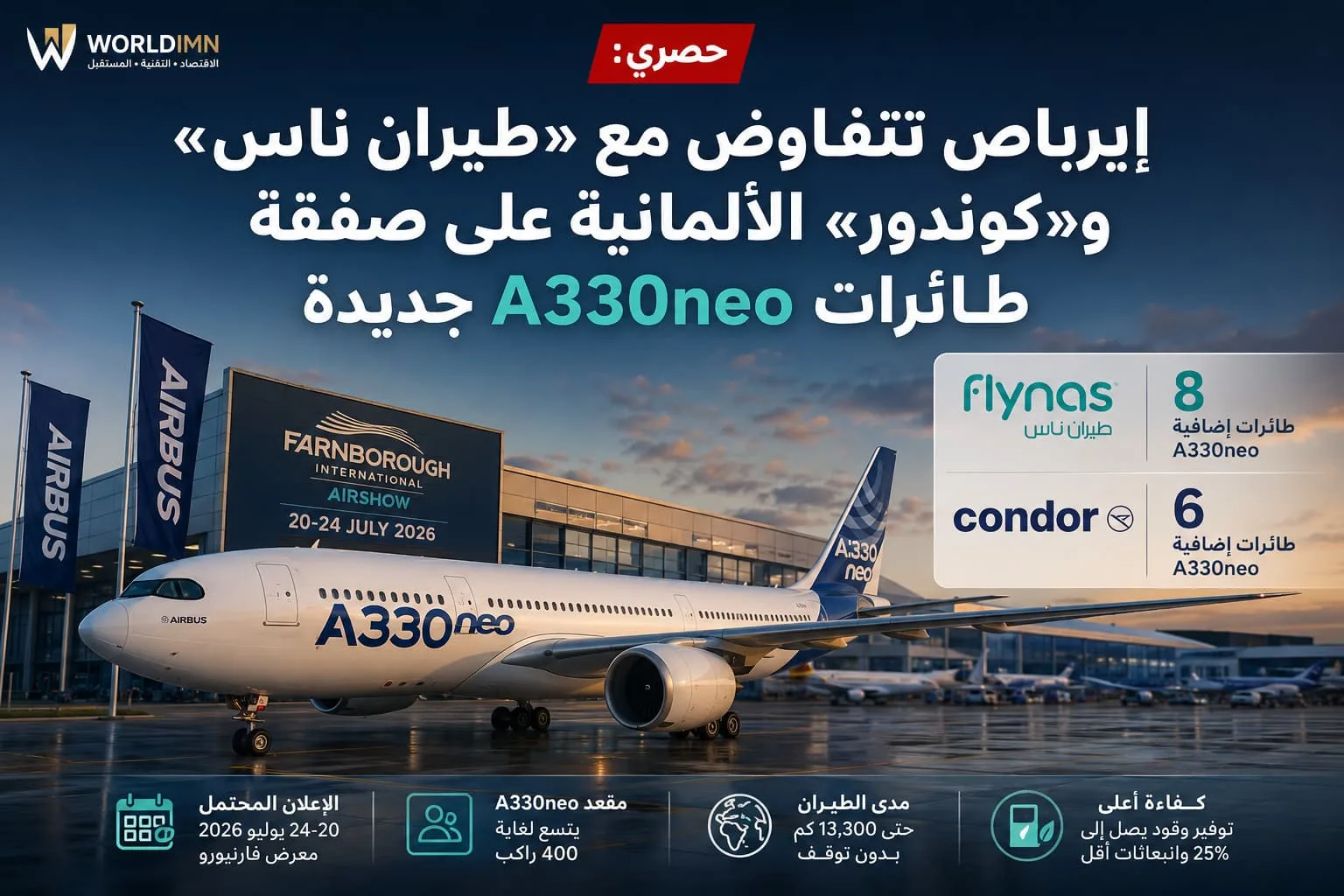حصري: إيرباص تتفاوض مع «طيران ناس» السعودية و«كوندور» الألمانية على صفقة طائرات جديدة قبيل فارنبورو
