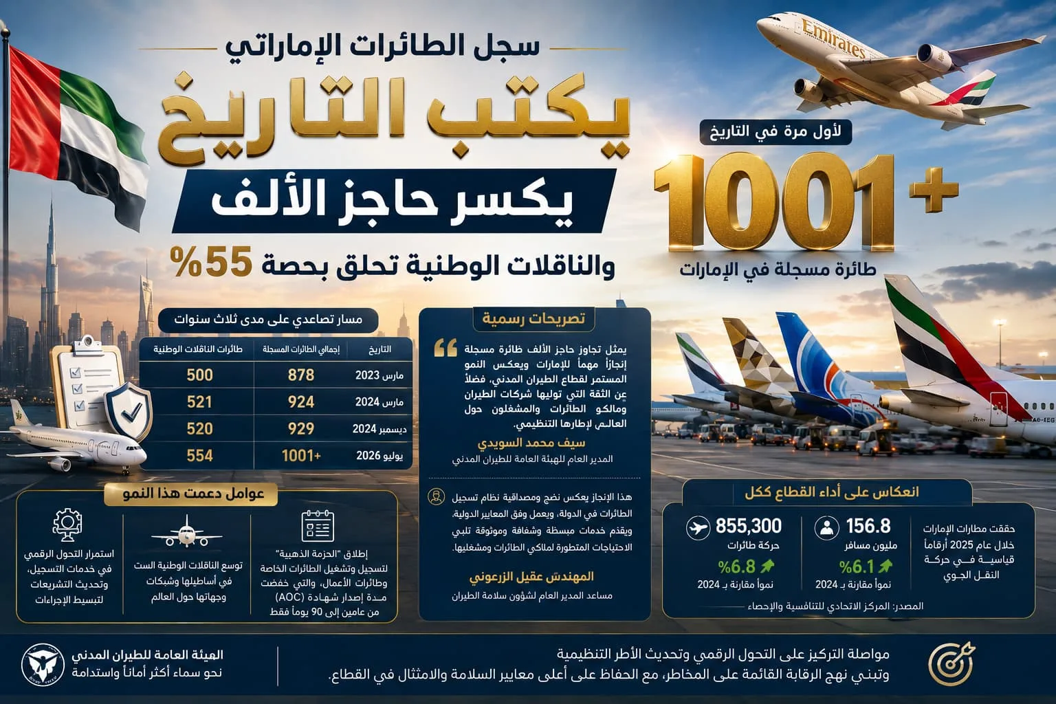 سجل الطائرات الإماراتي يكتب التاريخ: يكسر حاجز الألف والناقلات الوطنية تحلّق بحصة 55%
