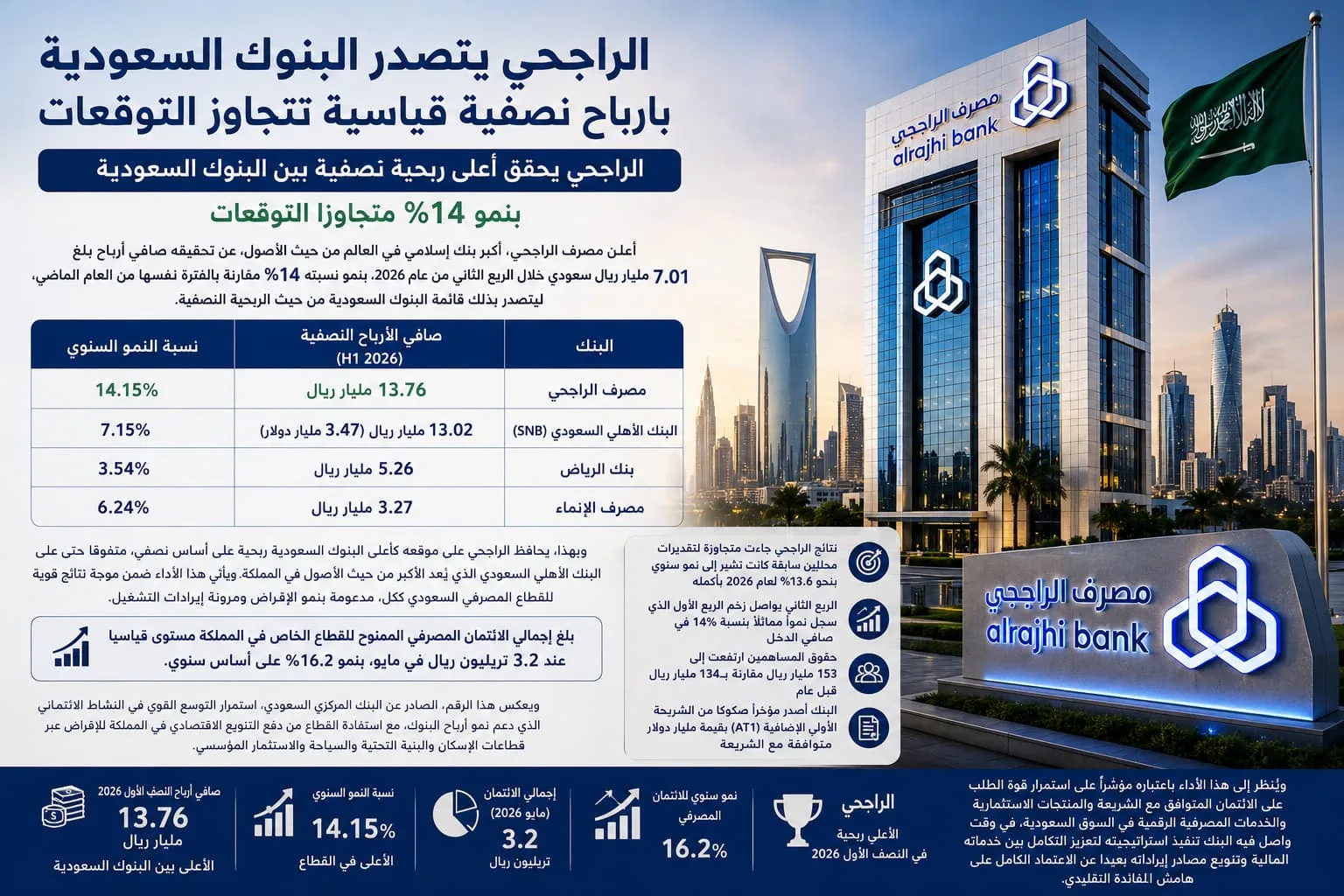 الراجحي يتصدر البنوك السعودية بأرباح نصفية قياسية تتجاوز التوقعات