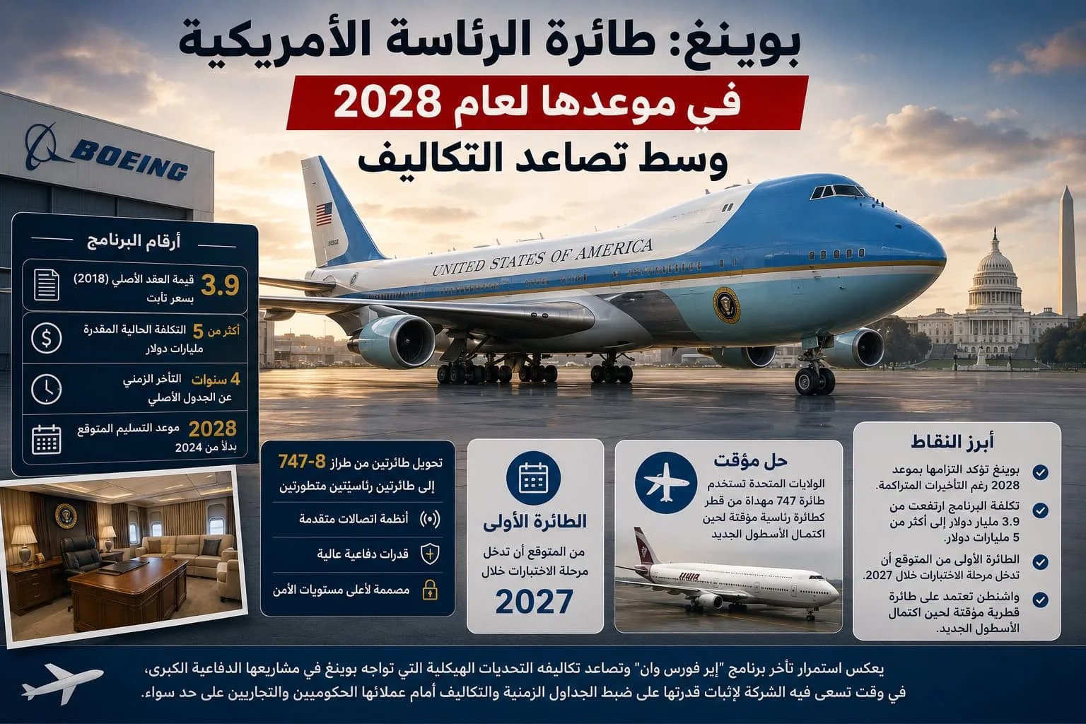 بوينغ: طائرة الرئاسة الأمريكية في موعدها لعام 2028 وسط تصاعد التكاليف
