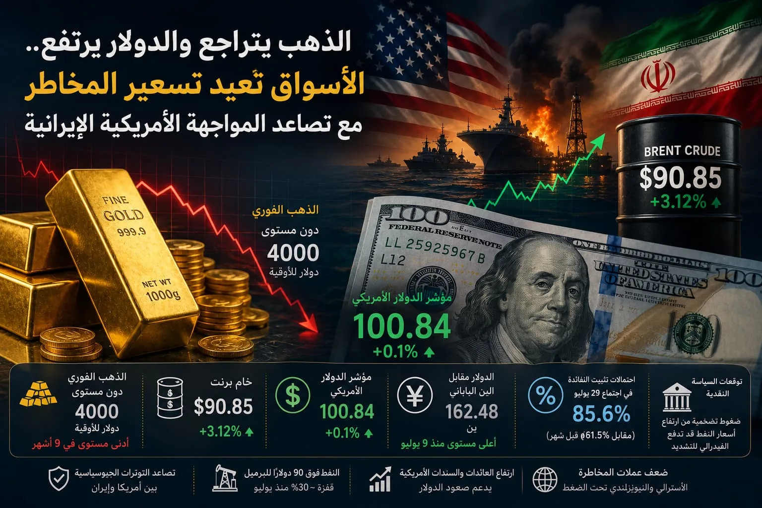 الذهب يتراجع والدولار يرتفع.. الأسواق تعيد تسعير المخاطر مع تصاعد المواجهة الأمريكية الإيرانية