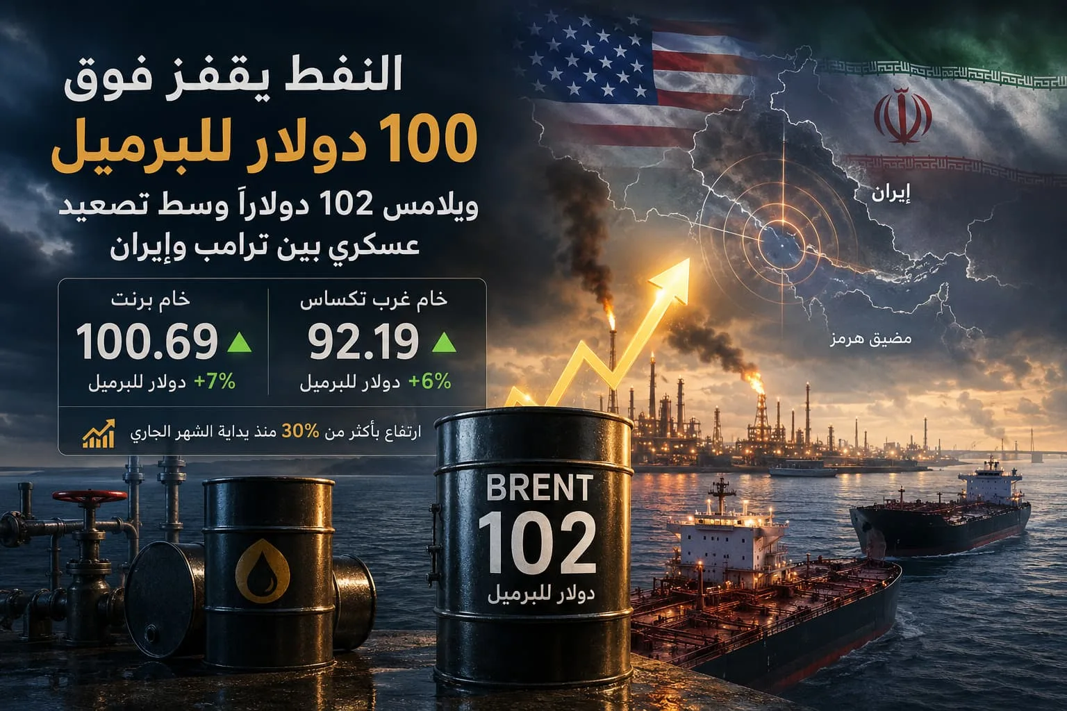 النفط يقفز فوق 100 دولار للبرميل ويلامس 102 دولاراً وسط تصعيد عسكري بين ترامب وإيران