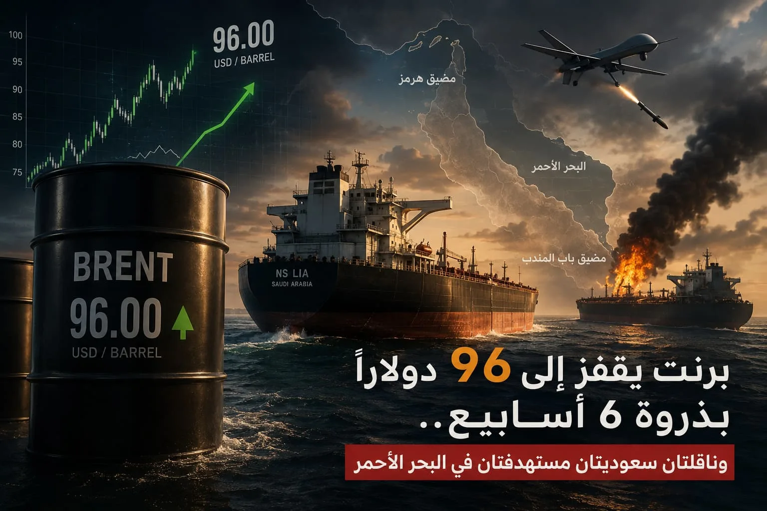برنت يقفز إلى 96 دولاراً بذروة 6 أسابيع.. وناقلتان سعوديتان مستهدفتان في البحر الأحمر