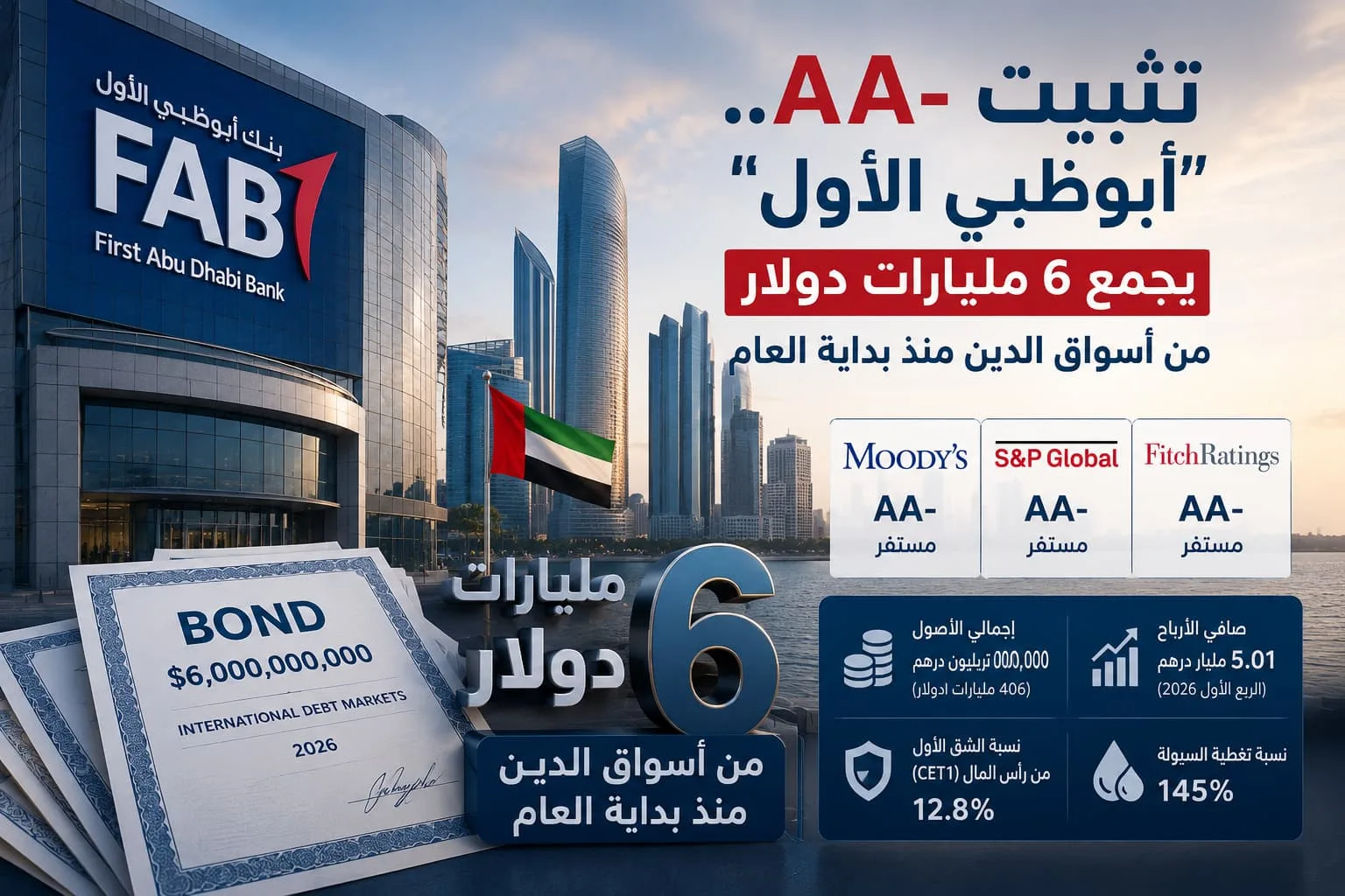 تثبيت AA- ‎.. “أبوظبي الأول” يجمع 6 مليارات دولار من أسواق الدين منذ بداية العام