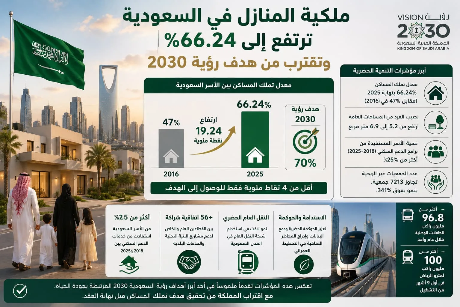 ملكية المنازل في السعودية ترتفع إلى 66.24% وتقترب من هدف رؤية 2030