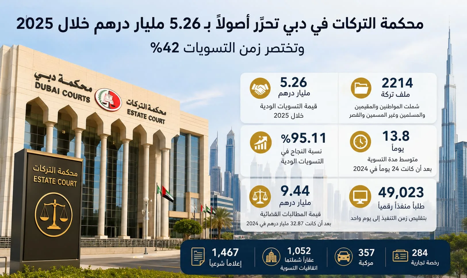 محكمة التركات في دبي تحرّر أصولاً بـ5.26 مليار درهم خلال 2025 وتختصر زمن التسويات 42%