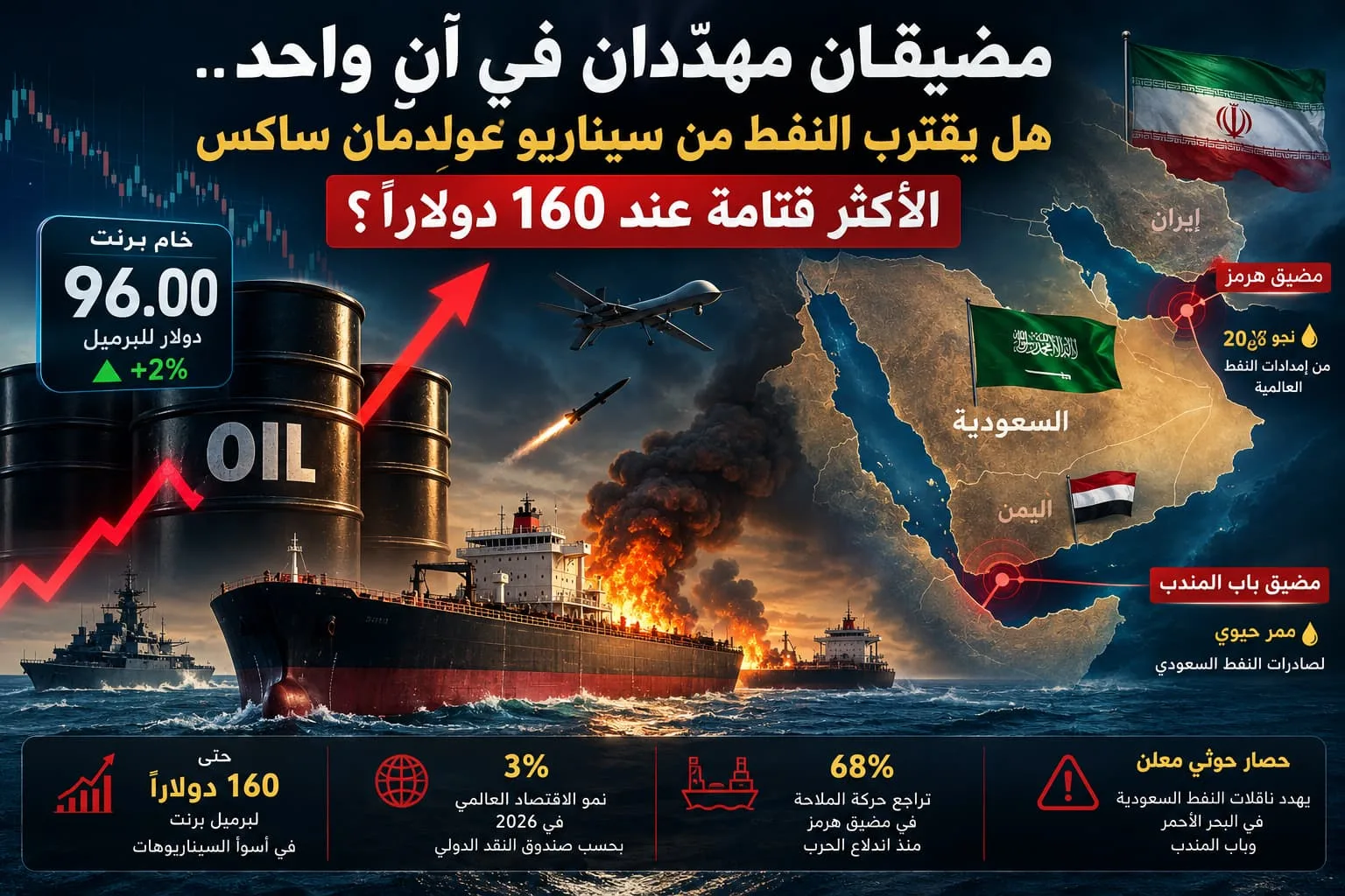 مضيقان مهدَّدان في آنٍ واحد.. هل يقترب النفط من سيناريو غولدمان ساكس الأكثر قتامة عند 160 دولاراً؟
