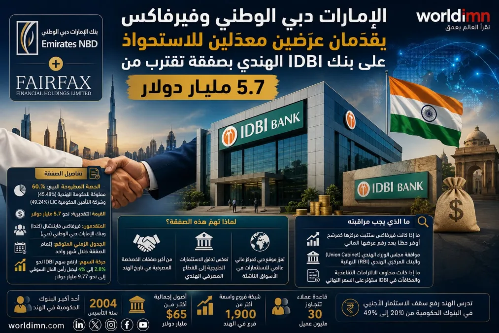 الإمارات دبي الوطني وفيرفاكس يقدّمان عرضين معدَّلين للاستحواذ على بنك IDBI الهندي بصفقة تقترب من 5.7 مليار دولار