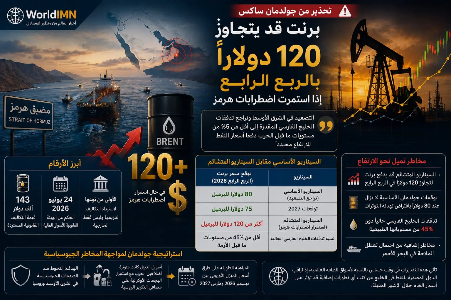 جولدمان ساكس: برنت قد يتجاوز 120 دولاراً بالربع الرابع إذا استمرت اضطرابات هرمز