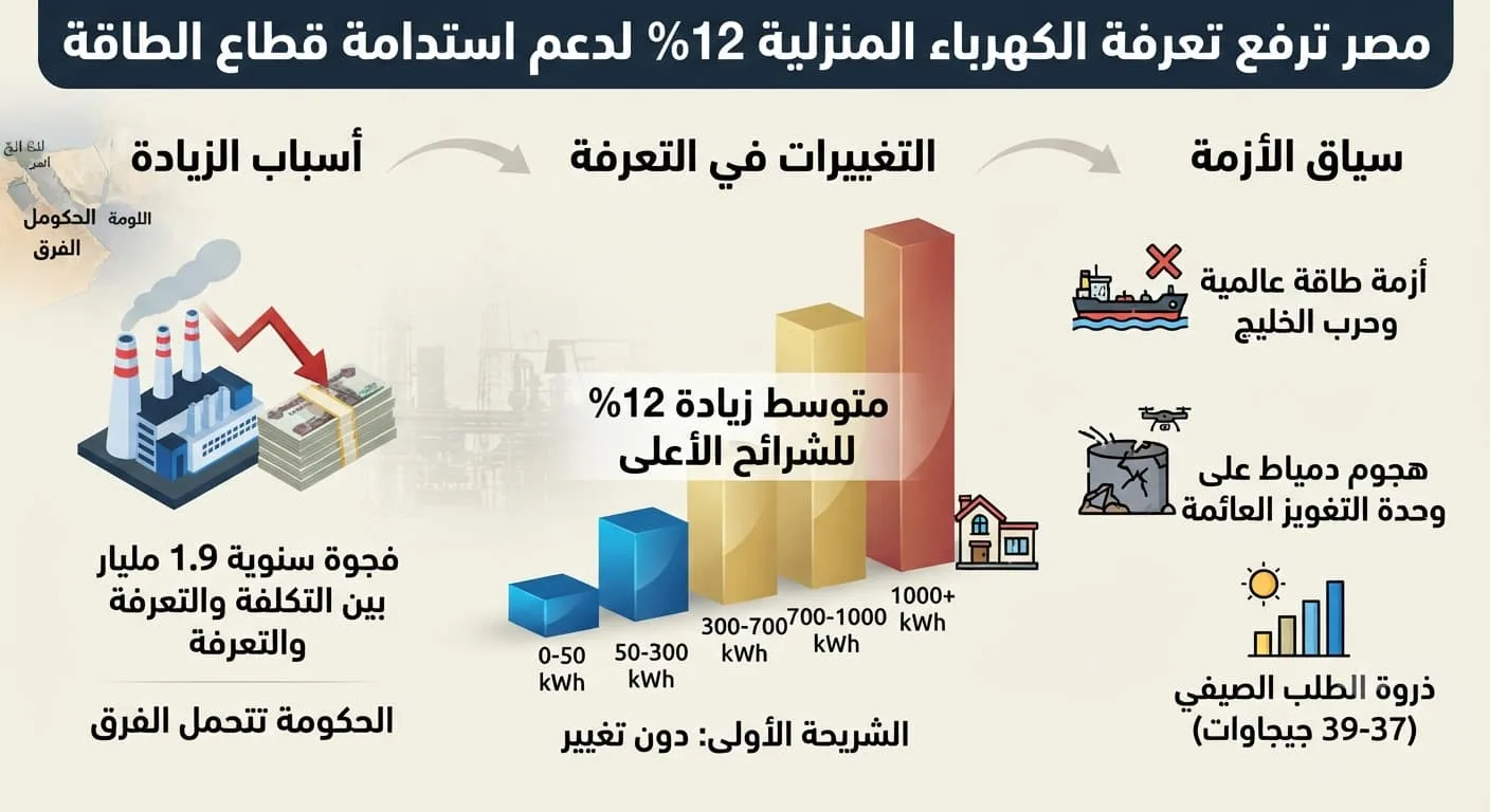 مصر ترفع تعريفة الكهرباء المنزلية 12% لدعم استدامة قطاع الطاقة