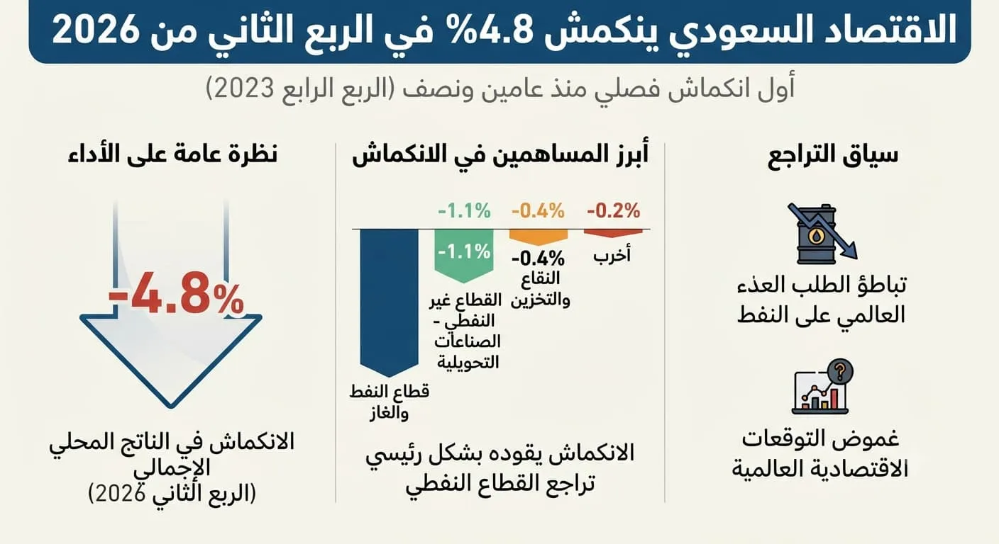 الاقتصاد السعودي ينكمش 4.8% في الربع الثاني من 2026 لأول مرة منذ عامين ونصف