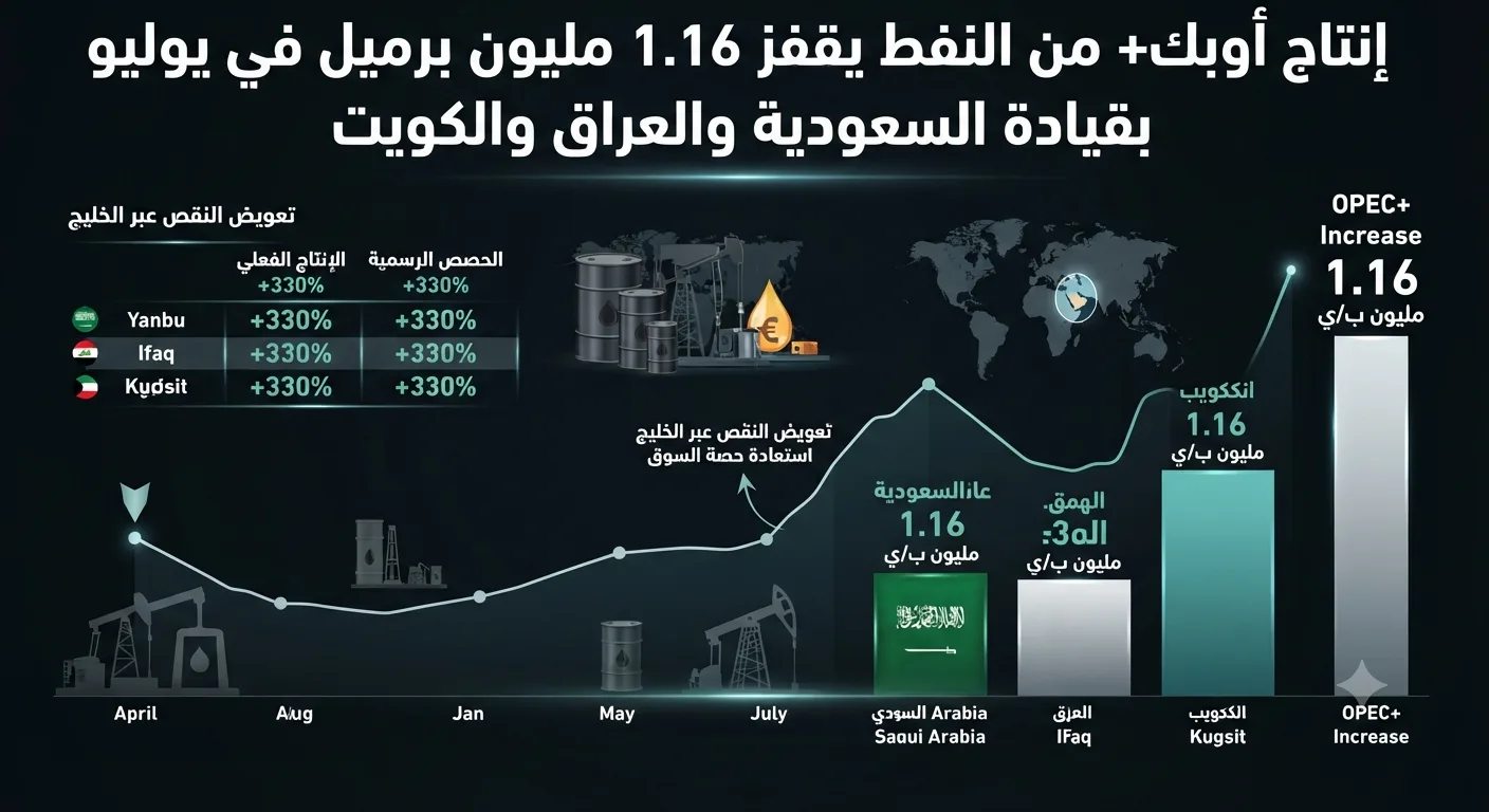 إنتاج أوبك+ من النفط يقفز 1.16 مليون برميل في يوليو بقيادة السعودية والعراق والكويت