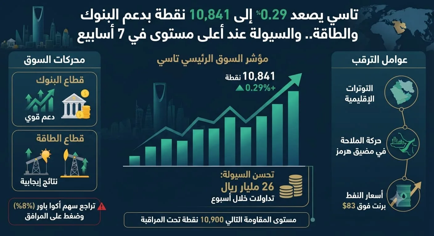 تاسي يصعد 0.29% إلى 10,841 نقطة بدعم البنوك والطاقة.. والسيولة عند أعلى مستوى في 7 أسابيع