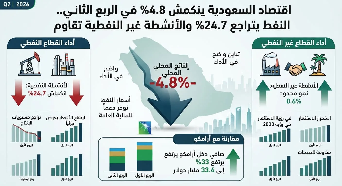 اقتصاد السعودية ينكمش 4.8% في الربع الثاني.. النفط يتراجع 24.7% والأنشطة غير النفطية تقاوم