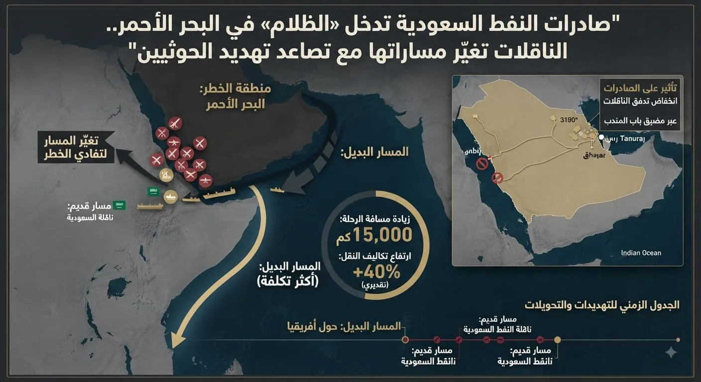 صادرات النفط السعودية تدخل «الظلام» في البحر الأحمر.. الناقلات تغيّر مساراتها مع تصاعد تهديد الحوثيين