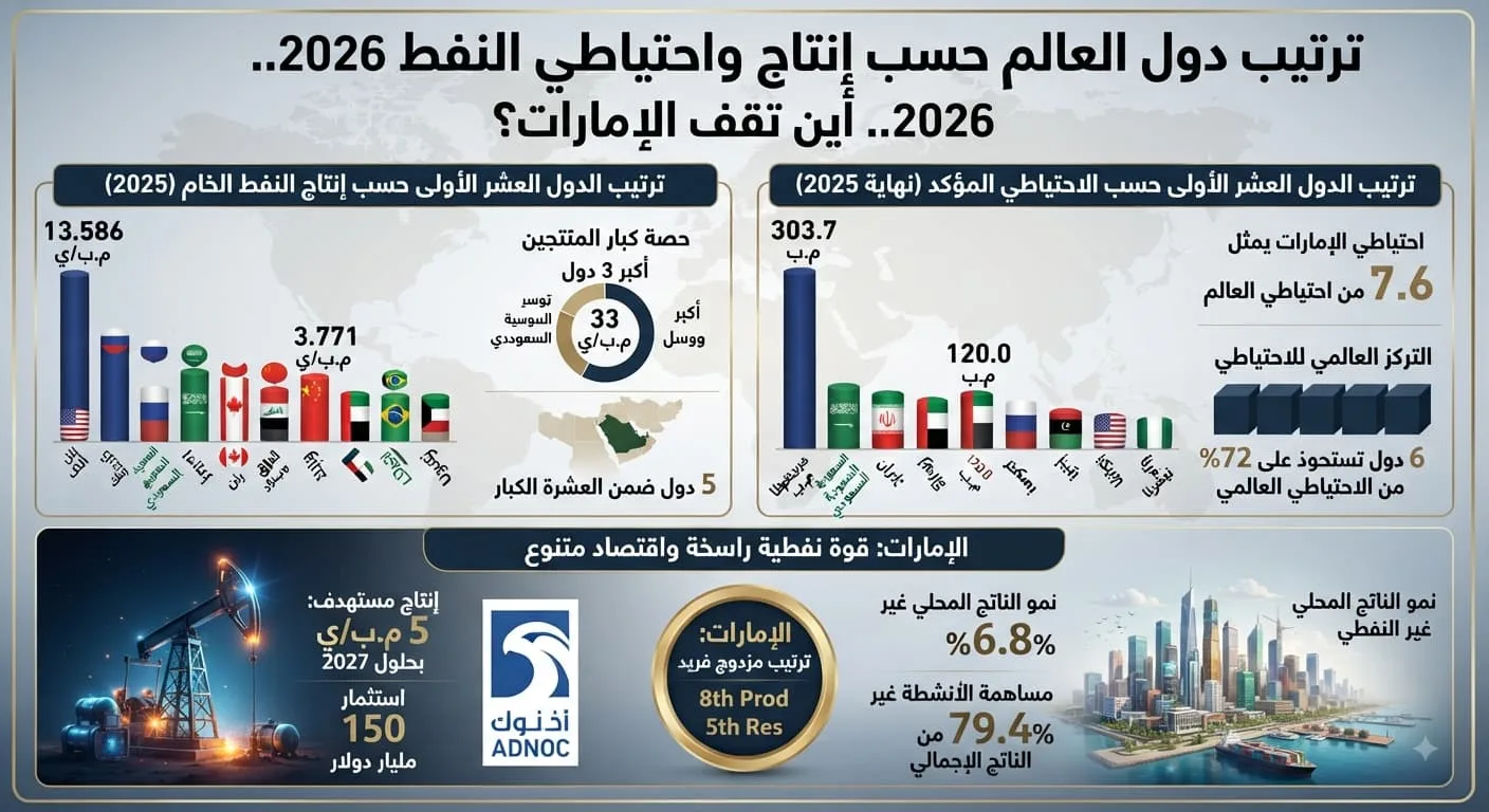 ترتيب دول العالم حسب إنتاج واحتياطي النفط 2026.. أين تقف الإمارات؟